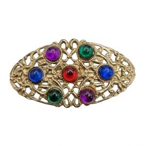Vintage Gold Filigree Multicolor Cabochon Hair Barrette Clip 2.75in Whimsigoth